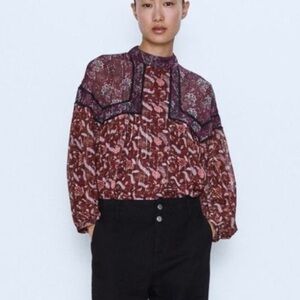 Zara floral print burgundy blouse metal silver thread boho bohemian S loose fit